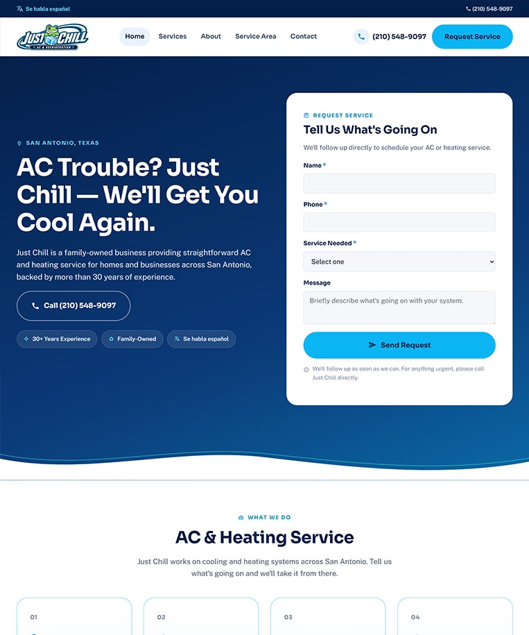 Screenshot of the Just Chill website homepage, a San Antonio AC and heating service company